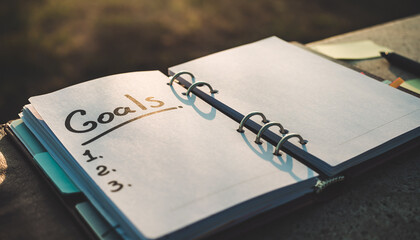 Fototapeta premium Open notebook with handwritten “Goals” list bathed in warm sunlight on a cozy desk