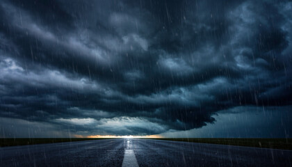 Stormy weather over wet road with dark clouds and rain – dramatic natural atmosphere and moody landscape