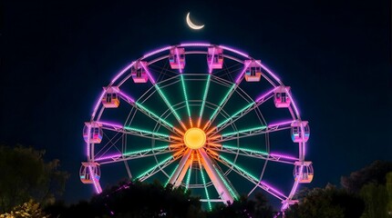 Ferris wheel and crescent moon night view