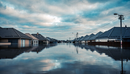 Obraz premium Flooded residential street with rooftops above water, cloudy sky, no people