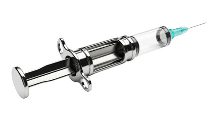 Medical syringe with clear glass barrel and silver metal plunger healthcare injection