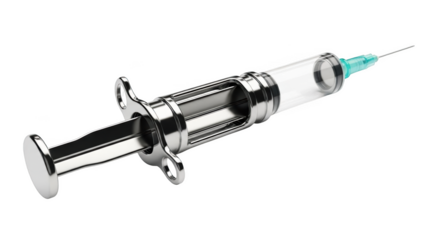 Medical syringe with clear glass barrel and silver metal plunger healthcare injection