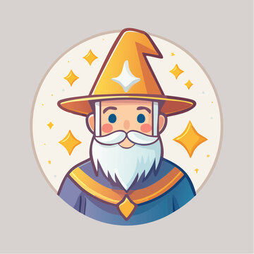 Illustration of a wizard with a yellow hat and white beard in a circle.