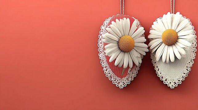 Brand Valentine ad: central lace heart & white daisies on pastel pink, hi-res no blur, top copy space for promo text, ideal for e-commerce hero, poster, EDM header