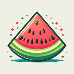 A cartoon-style illustration of a watermelon slice with seeds and colorful rind layers.