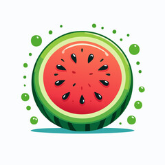 Fototapeta premium Cartoon illustration of a watermelon slice with seeds and green bubbles around it.