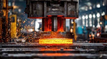 Close-up of hot steel ingot being shaped by a hydraulic press in an industrial factory