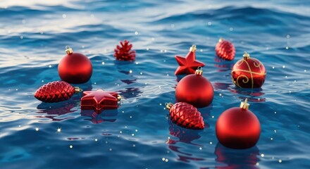 Festive Red Ornaments Floating Gently on Vibrant Blue Water Waves