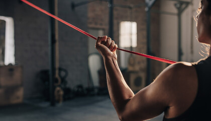 Woman Training with Red Resistance Band in Bright Gym