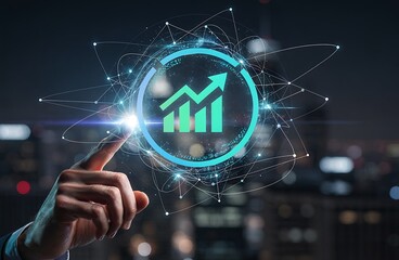 Hand interacting with digital growth chart and network connections in a city