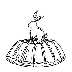 Sitting Bunny on Bundt Cake - Black and White Easter Vector Line Art