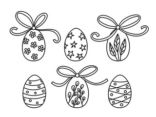 A black and white vector illustration of six uniquely decorated Easter eggs, each adorned with a large bow on top. The eggs feature different line art patterns  © Olya Artnova