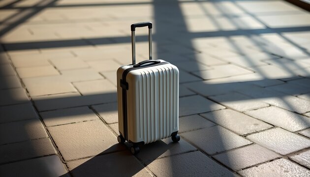 A white hard-shell suitcase standing alone on the airport floor with long shadows created by natural sunlight streaming through large windows.