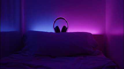 Immerse yourself in soundscapes! Headphones rest on a bed bathed in a neon glow, inviting you to escape into your favorite tunes in a vibrant, dreamy ambiance.