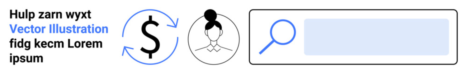 Obraz premium Financial technology, networking tools, search functionality, business management, online transactions, research tools. Circular dollar sign, user profile and a search bar. Financial technology