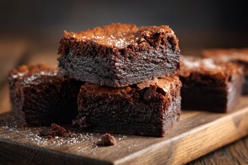 Close-up of three square chocolate brownies with fudgy texture on rustic wood