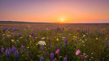 Obraz premium Sunset Over a Wildflower Meadow