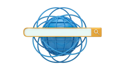 Digital Globe with Search Bar and Magnifying Glass Icon Representing Internet Search and Global Connectivity with Blue Wireframe and Transparent Background