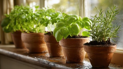 Close-up of vibrant green herbs in small pots: basil, parsley, cilantro, rosemary, thyme