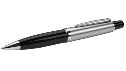 Elegant Silver and Black Ballpoint Pen with Metallic Clip and Textured Grip Isolated on Transparent Background for Writing and Office Use