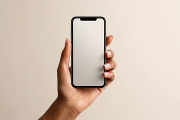 Close-up photo of a hand presenting a mobile device with empty display