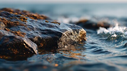 Close-up photograph of a rock in seawater with a clear text area on the right