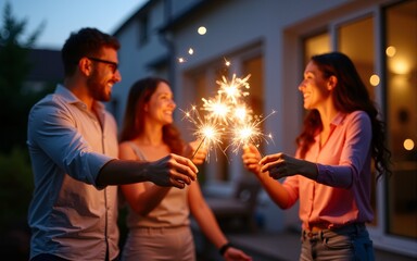 Family and friends celebrating together outdoors with sparklers creating a joyful and festive atmosphere on a home terrace. High quality