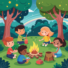 Children forest camping with campfire under tree joyful outdoor colorful vector