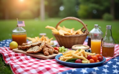 joyful Fourth of July picnic scene featuring delicious food, vibrant colors, and festive decorations, perfect for celebrating with family. High quality. High quality