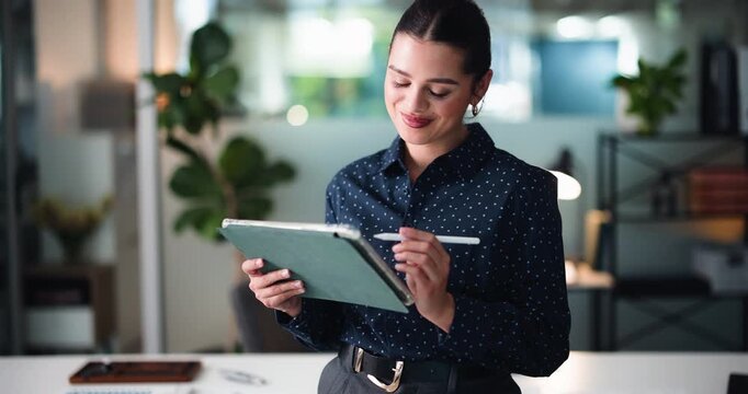 Stylus, happy woman or tablet in office at night for account review, monitor performance or update record. Reading, check investment security or portfolio manager with market research, tech or late
