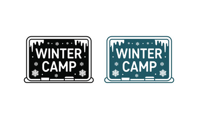 Winter camp event sign with frosty icicles and delicate snowflakes on a chalkboard style badge vector icon illustration