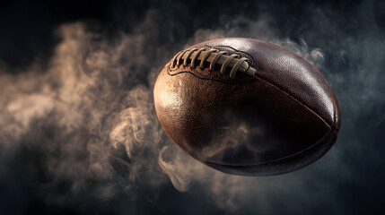 Rugby Ball in motion with smoke trail against dark background