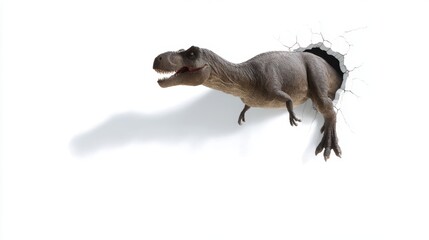 A dinosaur bursts through a wall in this fun and imaginative image. This creative art piece combines humor and fantasy. Perfect for kids or playful themes. AI