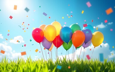 A collection of brightly colored balloons rises into a blue sky, surrounded by joyful confetti and lush green grass, creating a festive atmosphere under sunlight. High quality