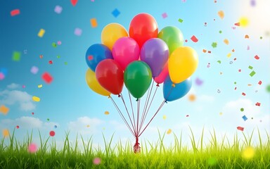 A collection of brightly colored balloons rises into a blue sky, surrounded by joyful confetti and lush green grass, creating a festive atmosphere under sunlight. High quality