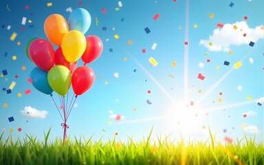 A collection of brightly colored balloons rises into a blue sky, surrounded by joyful confetti and lush green grass, creating a festive atmosphere under sunlight. High quality