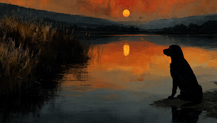 Black dog sitting peacefully by a calm lake at sunset with orange sky and mountain silhouettes in a painterly style Generative AI