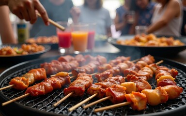 A lively barbecue scene featuring skewered meats being grilled and served, capturing the essence of a joyous gathering with vibrant drinks and smoky, flavorful aroma. High quality