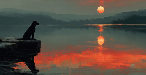 Dog sitting on a lakeside cliff at sunset reflecting on water in a calm serene landscape with orange tones Generative AI