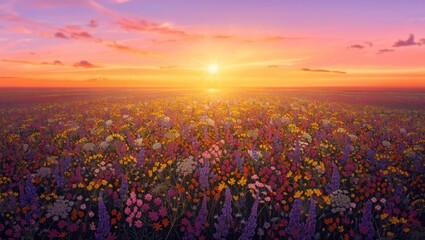 Obraz premium Sunset Over a Wildflower Meadow