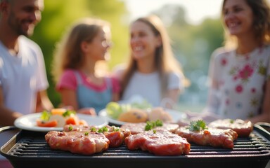 A happy family is gathered around a barbecue on a sunny day, with perfectly grilled meats in the foreground and blurred relatives joyfully chatting in the background. High quality