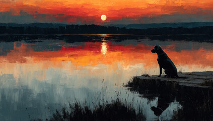 Dog sitting quietly at edge of a lake during vivid orange sunset with reflections on water and dark forest background Generative AI