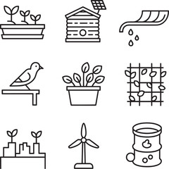 Sustainable living line icons set. Includes community garden, beehive, rainwater harvesting