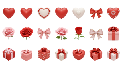 Large 3D Icon Set of Hearts Roses Bows and Gift Boxes Transparent Background