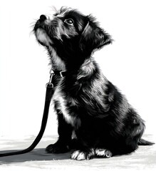 Black and white illustration of a sitting puppy on a leash looking up with detailed fur texture on white background Generative AI