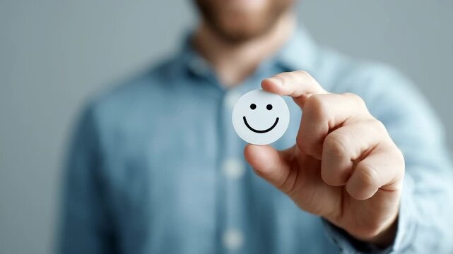 Man holding a smiley face token between fingers symbolizing positivity and happiness. happiness, positivity, emotional wellness