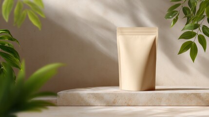 A simple and elegant packaging design showcased on a neutral background. This product display is ideal for organic or natural brands. The soft shadows add a calming effect. AI