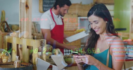 Camera widening, woman tapping smartphone to view sales data at bakery stall, charts overlaying - Powered by Adobe