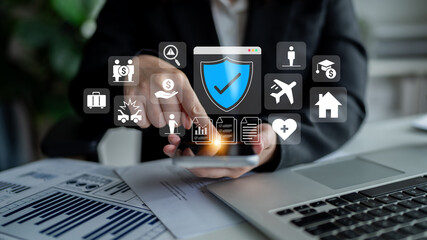 Various insurance icons like travel, health, home, and car protection connected to a central blue shield icon Parse