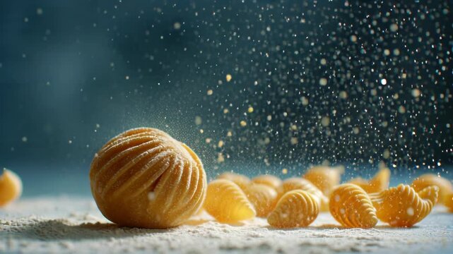 Fresh homemade pasta on floured surface with dusting of flour